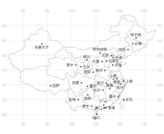 用R画中国地图并标注城市位置